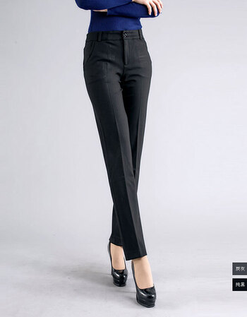 2015春款弹力加厚中高腰修身直筒女士西裤 拼接腰身大码女裤子 黑色