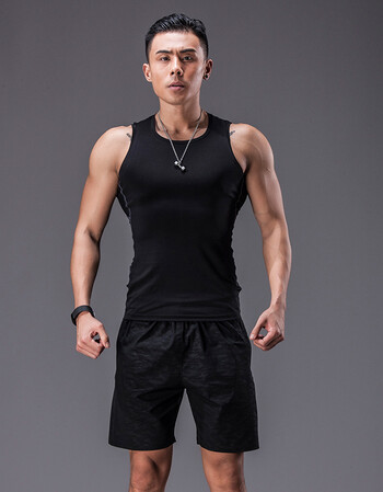 健身服套装男无袖背心紧身衣运动短裤套装弹力速干跑步健身 黑色 l