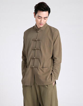 休闲汉服棉麻男士唐装套装中式长袖长裤居士服装男外套 褐色 m