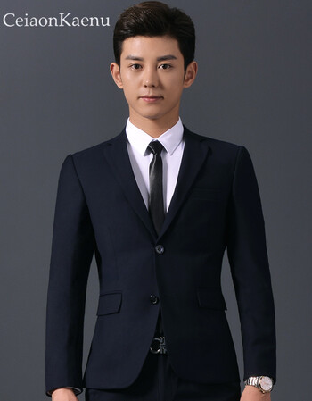 结婚礼服休闲免烫修身商务西装男套装面试职业青年正装 黑色 175