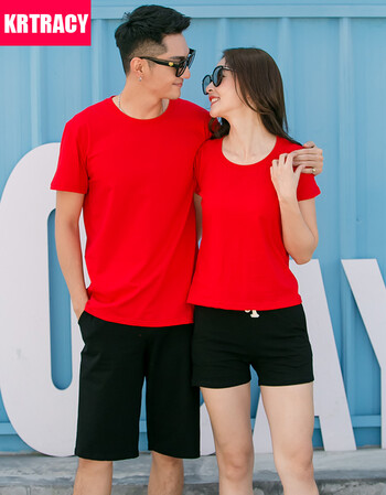 短袖t恤大码男女套装2017夏新款户外运动情侣套装 红色t恤 黑色裤子