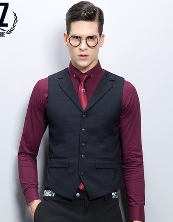 az蚁族品牌背心马甲 2015男装新款西装领暗格子商务绅士正装马夹男