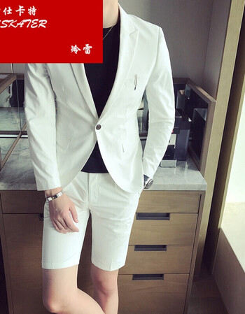 古仕卡特夏季休闲西装男套装修身韩版潮夜店发型师纯白色西服短裤两件
