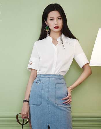 立领雪纺白衬衫女短袖夏装宽松上衣女韩范衬衣12星座刺绣 摩羯座 m_ 5