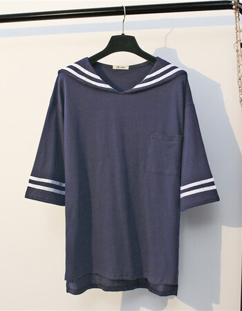 ningkou2017夏季新款女士t恤学院风海军领宽松短袖上衣 藏蓝色 均码