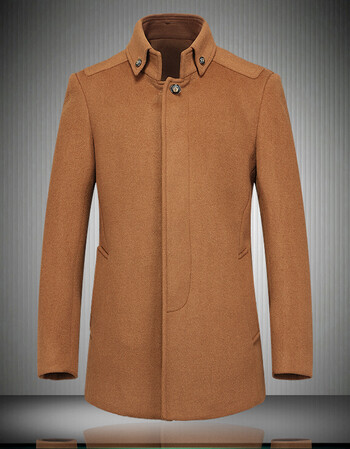 新款男士羊毛呢大衣高档羊绒大衣中长款呢子大衣外套男 深卡其布色