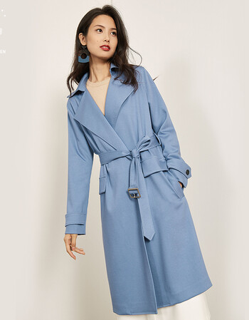 风衣女中长款秋新款韩版显瘦翻领系带百搭风衣外套上衣女 海水蓝 xl