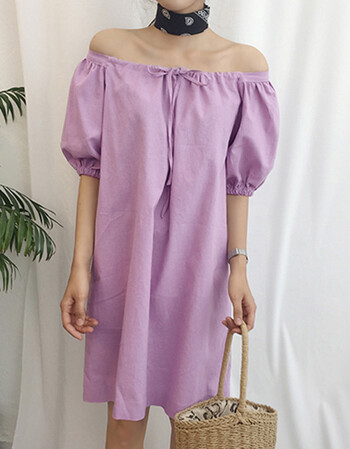 dashuren chic 超温柔奶油紫色 系带一字领泡泡袖两穿连衣裙女 紫色