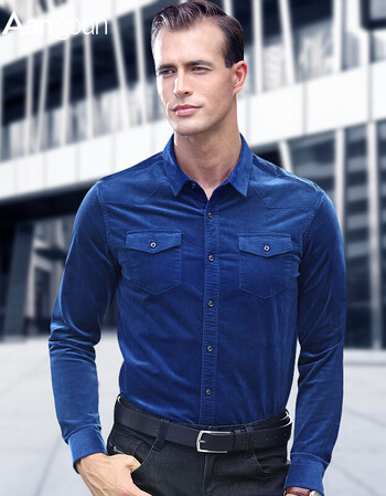 亚狮龙商务灯芯绒衬衫 男 休闲修身男士衬衣长袖cs10047 深蓝色 m码