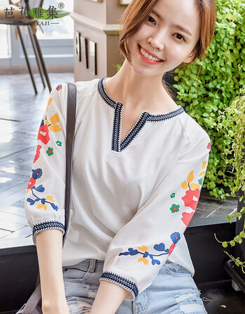 芭蕉雅集2017秋季新款女装七分袖上衣宽松打底衫韩版印花打底衫 白色