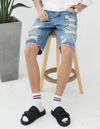 韩版宽松破洞牛仔短裤男欧美简约刮烂短裤潮个性男裤