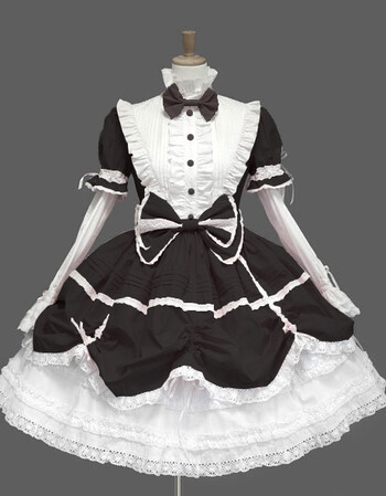 lolita哥特式褶皱接袖立领连身短裙 公主宫廷洋装 颜色可选 定制 黑白