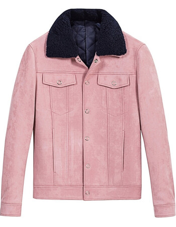 2017冬季新品翻领毛领粉色撞色短款修身潮流男士棉衣外套 粉红 170/m