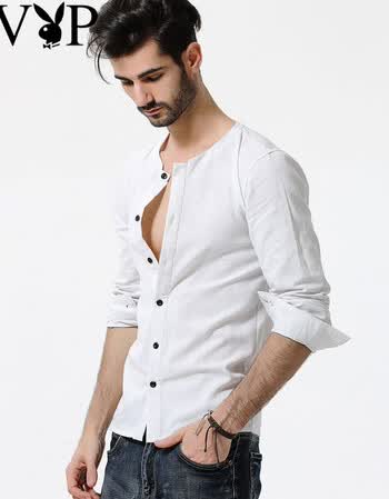 花花公子贵宾长袖衬衫男2017秋亚麻无领男士衬衫 白色 l