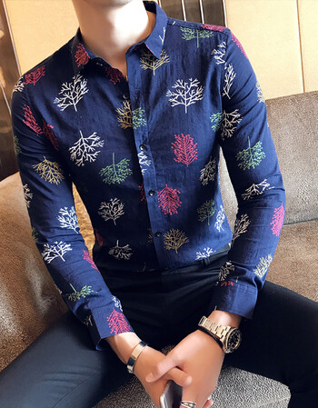 godlike2017秋季新款印花长袖衬衫男韩版修身男士衬衣潮秋冬大满花