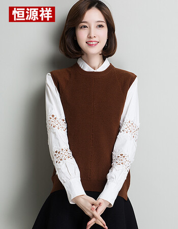 恒源祥毛衣背心女春秋新款纯羊毛圆领针织毛线马甲无袖羊毛衫 深咖 xl