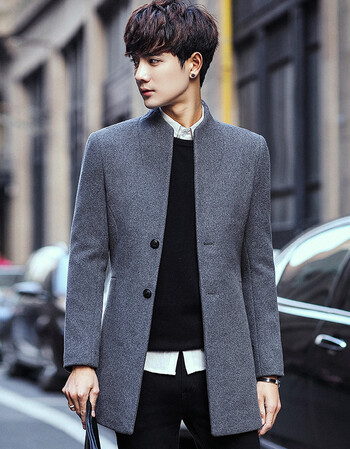 花花公子男士风衣立领中长款新款呢子外套韩版青年 灰色 xl