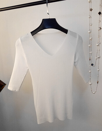 2017韩版女五分袖冰丝t恤夏季修身显瘦纯色圆领中袖针织打底衫薄 白色