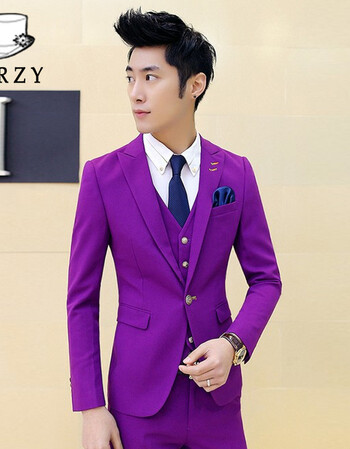 男式西装三件套黑色英伦修身纯色糖果色西服套装男士礼服外套潮 紫色