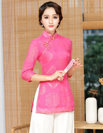 唐颜2017新款秋装中袖唐装女上衣 中式改良民国修身日常旗袍上衣 粉红
