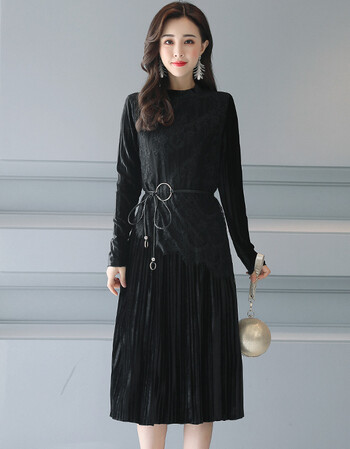 秋季新款韩版修身显瘦蕾丝拼接金丝绒中长款连衣裙 黑色 s大量现货