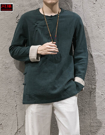 闪爆中国风男装斜襟盘扣上衣男棉麻复古唐装男青年汉服亚麻禅服茶人服