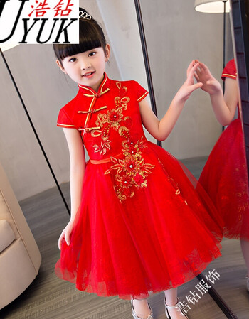 uyuk便宜中式儿童礼服裙女童公主裙钢琴演出服花童婚纱蓬蓬裙结婚红色