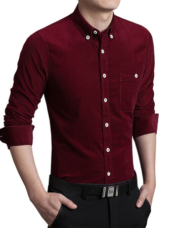 男士长袖衬衫春秋季韩版修身衬衣男款大码休闲衬衫男装潮 酒红色 m