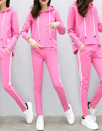 2017秋季新款运动服套装女潮韩版时尚宽松休闲装卫衣两件套 粉色 xxl