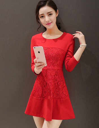 诗丹卡琳2016春秋装新款七分袖修身纯红色拼接蕾丝连衣裙a字裙薄 红色