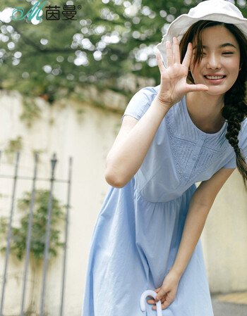 茵曼连衣裙 圆领净色纯棉高腰显瘦连衣裙女 香槟蓝 xl.