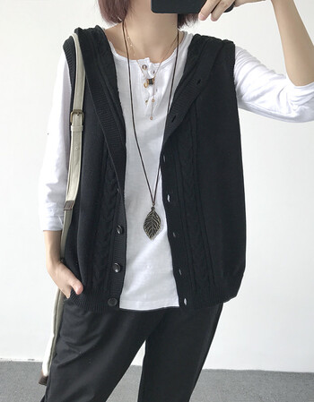 麻花毛衣开衫马甲女秋季新款文艺宽松无袖针织衫坎肩毛线 黑色 均码