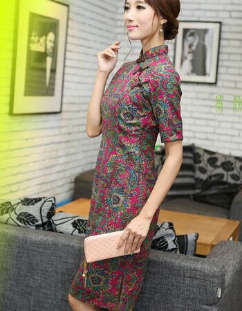 立领棉麻改良旗袍秀修身h型40-50岁中年女气质妈妈秋季短袖连衣裙