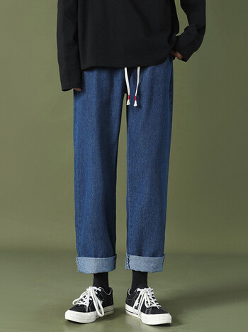 柳郡阔腿裤牛仔裤女松紧带腰春秋季直筒宽松抽绳百搭日系慵懒学生裤子