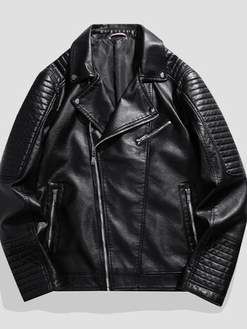 皮夹克男士秋冬立领机车海宁皮衣潮牌短款翻领加绒皮外套黑色m90110斤