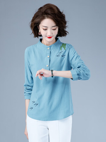 棉麻上衣女装2024春装新款洋气韩版刺绣宽松中年妈m妈亚麻长袖t恤蓝色