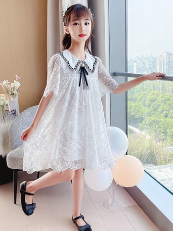 拉夏贝尔童装女童连衣裙夏季童装夏装公主裙儿童白色洋气小女孩纱裙