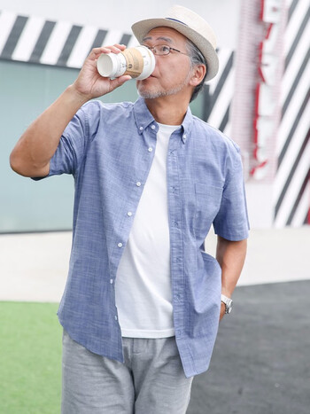 男装衬衣中年老人爷爷夏装老年人衣服夏天老爸上衣258牛仔蓝纯棉l175