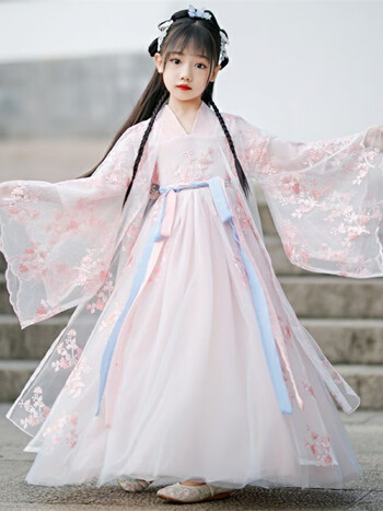 春夏季连衣裙小女孩古装裙子樱花学生公主裙夏装枫叶花大袖衫鞋子110