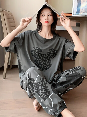 九红妃夏季纯棉睡衣女大码200斤胖mm宽松圆领短袖长裤家居服套装可外