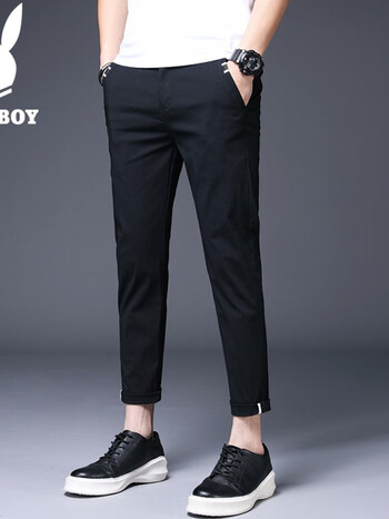 休闲裤男时尚男士韩版修身弹力男生裤子工装青年潮流百搭九分裤黑色30