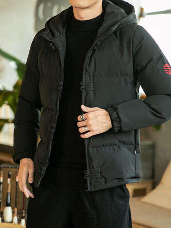 唐装男棉衣加厚青年中国风复古中式盘扣棉袄连帽棉服外套大码 黑色 l