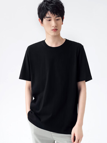 派丹图270g重磅纯棉t恤男短袖夏季体恤衫宽松落肩圆领纯色打底衫黑色s