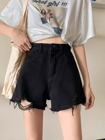 ckryz夏新款牛仔短裤女韩版排扣高腰破洞显瘦宽松外穿阔腿a字热裤潮