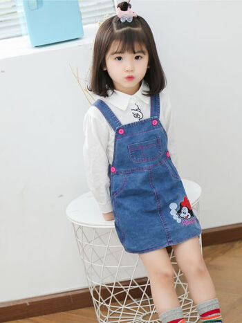 裙春秋新款中小童宝宝牛仔裙16岁儿童连衣裙洋气潮背带裙米奇款90cm