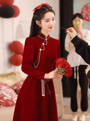 森届敬酒服敬酒服新娘秋冬新款结婚长袖订婚丝绒旗袍礼服裙女红色连衣