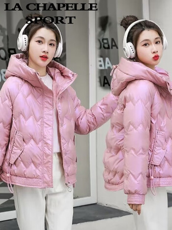 羽绒服女2023冬季亮面免洗短款连帽宽松面包服保暖外套女粉红色m