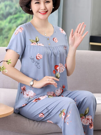 恒源祥中年妈妈睡衣女夏季薄款棉绸短袖长裤中老年人造棉家居服套装大