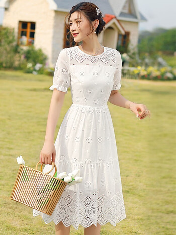 绣花连衣裙女2022夏季新款气质中长款短袖裙子 白色 xl【图片 价格