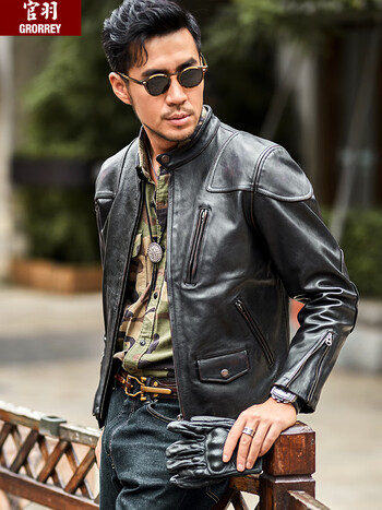 官羽真皮皮衣外套男头层马皮毒液款复古立领机车皮衣男骑行夹克 黑色
